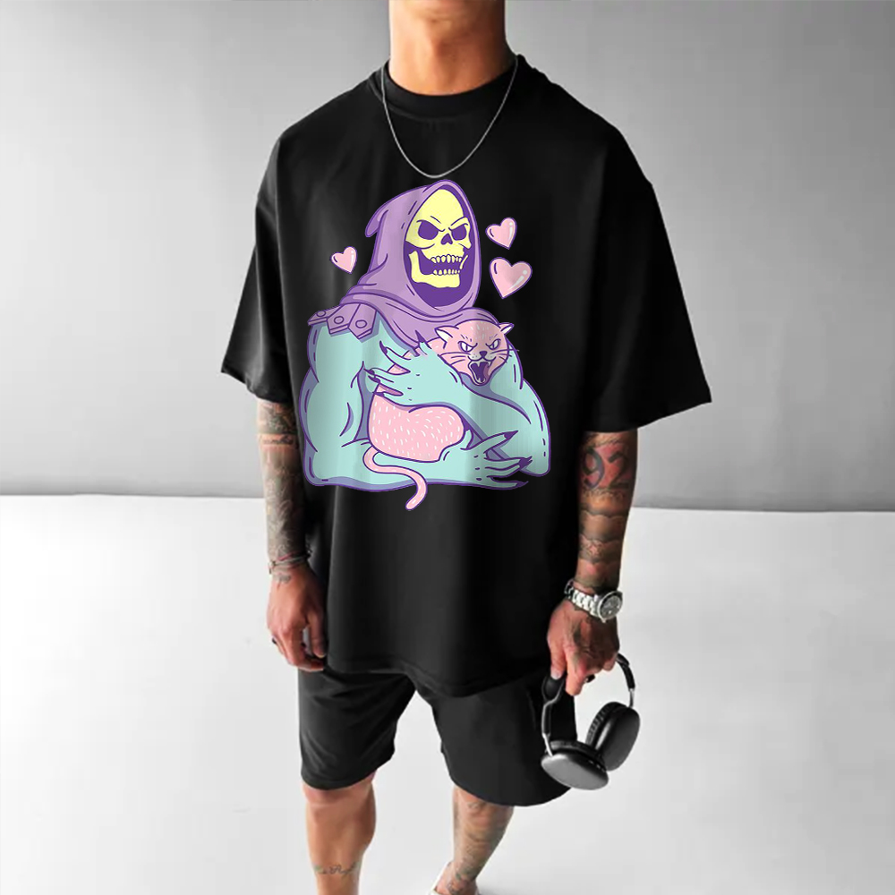 Funny Skull Cat Unisex Casual Print T-Shirt