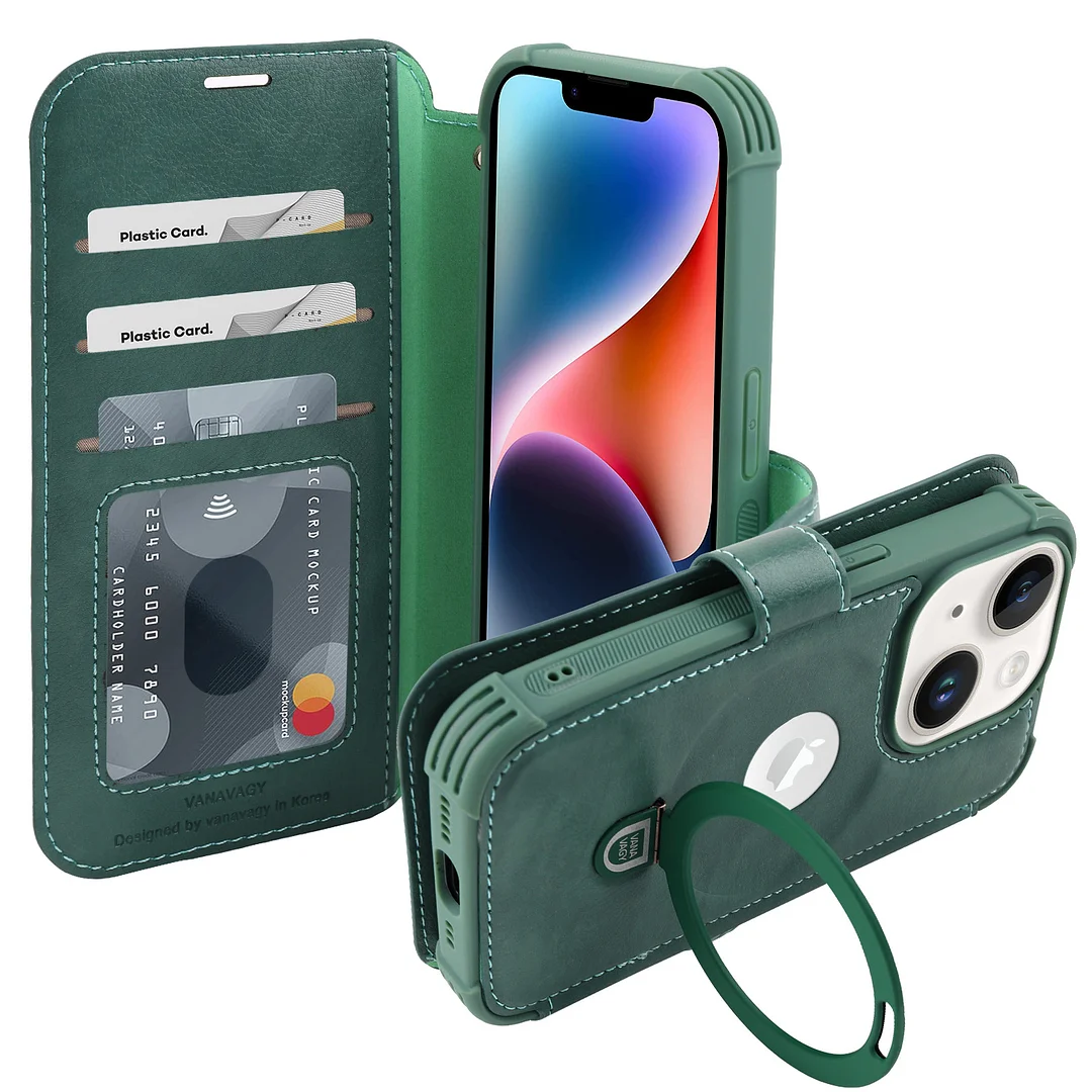 VANAVAGY Wallet Case for iPhone 14 Case Magnetic Ring Holder Flip Shockproof Leather Phone Case