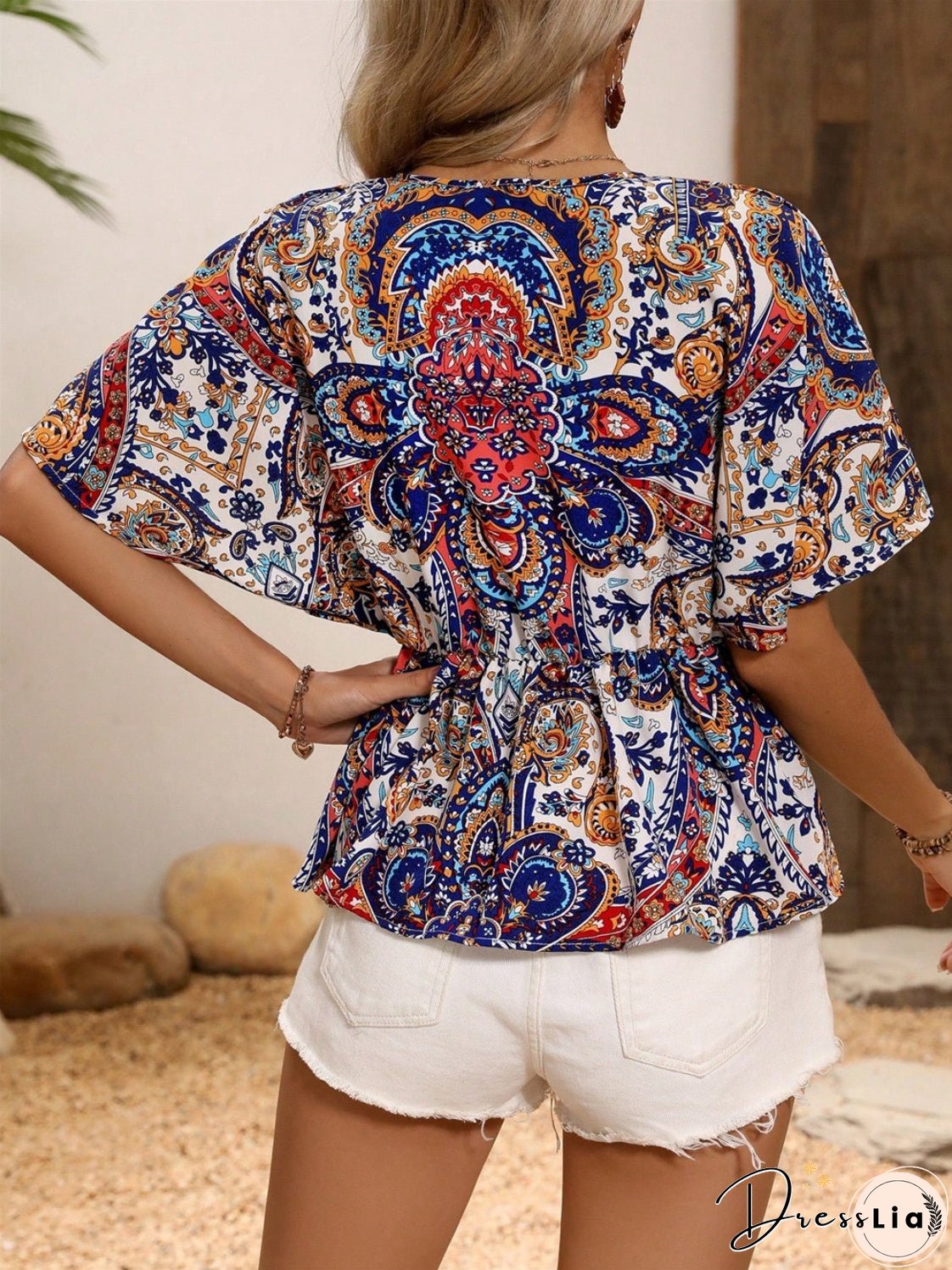 Printed Surplice Half Sleeve Blouse