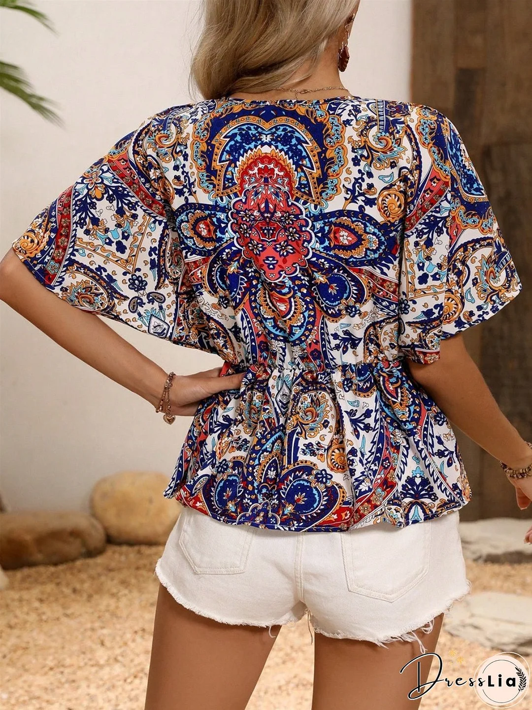 Printed Surplice Half Sleeve Blouse