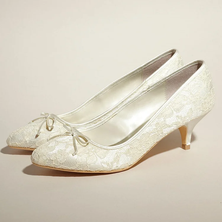 Lace Bow Ivory Wedding Shoes Kitten Heel Pumps for Wedding |FSJ Shoes