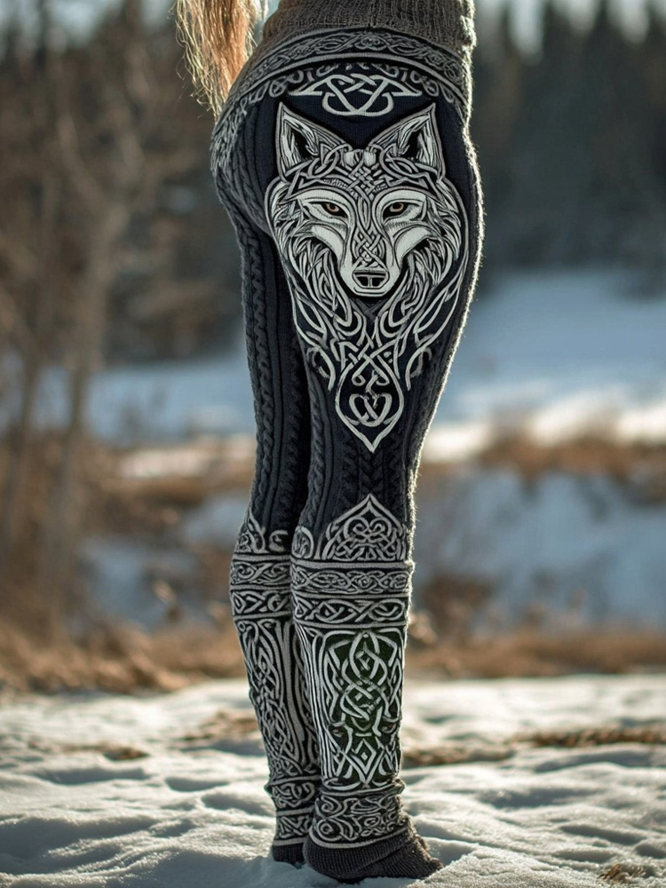 Viking Inspired Celtic Wolf Pattern Vintage Cozy Knit Leggings elevenforest