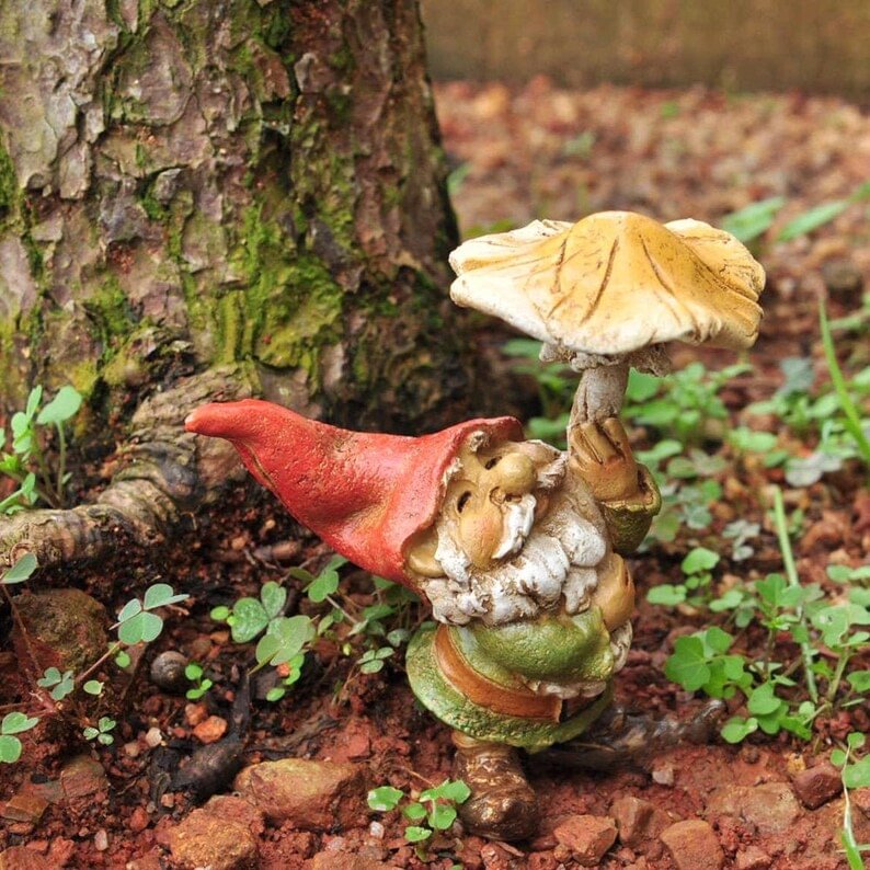Garden Gnome With Mushroom Umbrella, Fairy Garden, Fairy Gnome, Mini Gnome