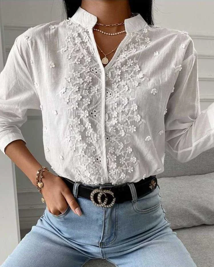 Women's autumn and winter women's new cotton and linen V-neck embroidered hollow top long-sleeved shirt_ viptrois