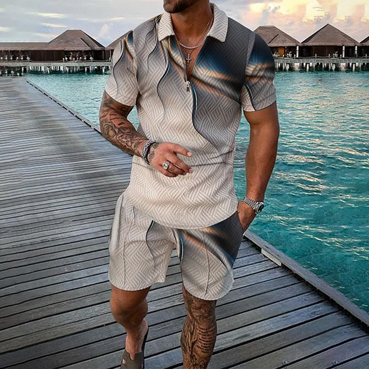 BrosWear Symphony Color Contrast Stripes Print Short Sleeve Polo Shirt And Shorts Co-Ord