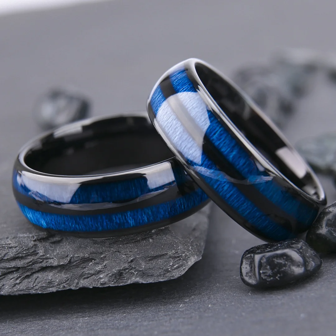 8MM Spherical Black 875 Tungsten Carbide Rings Double Maple Wood Blue Tungsten Wedding Bands
