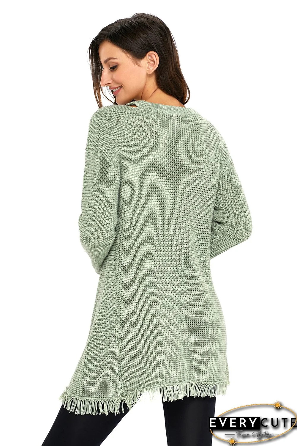 Green V Neck Waffle Knit Sweater