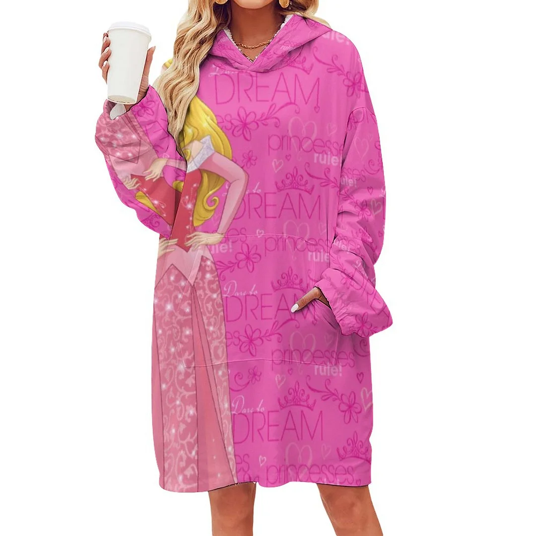 Sleeping Beauty Princesses Rule Oversized Sherpa Fleece Sweatshirt Blanket Hoodie Warm Cozy Wearable Tops with Pocket