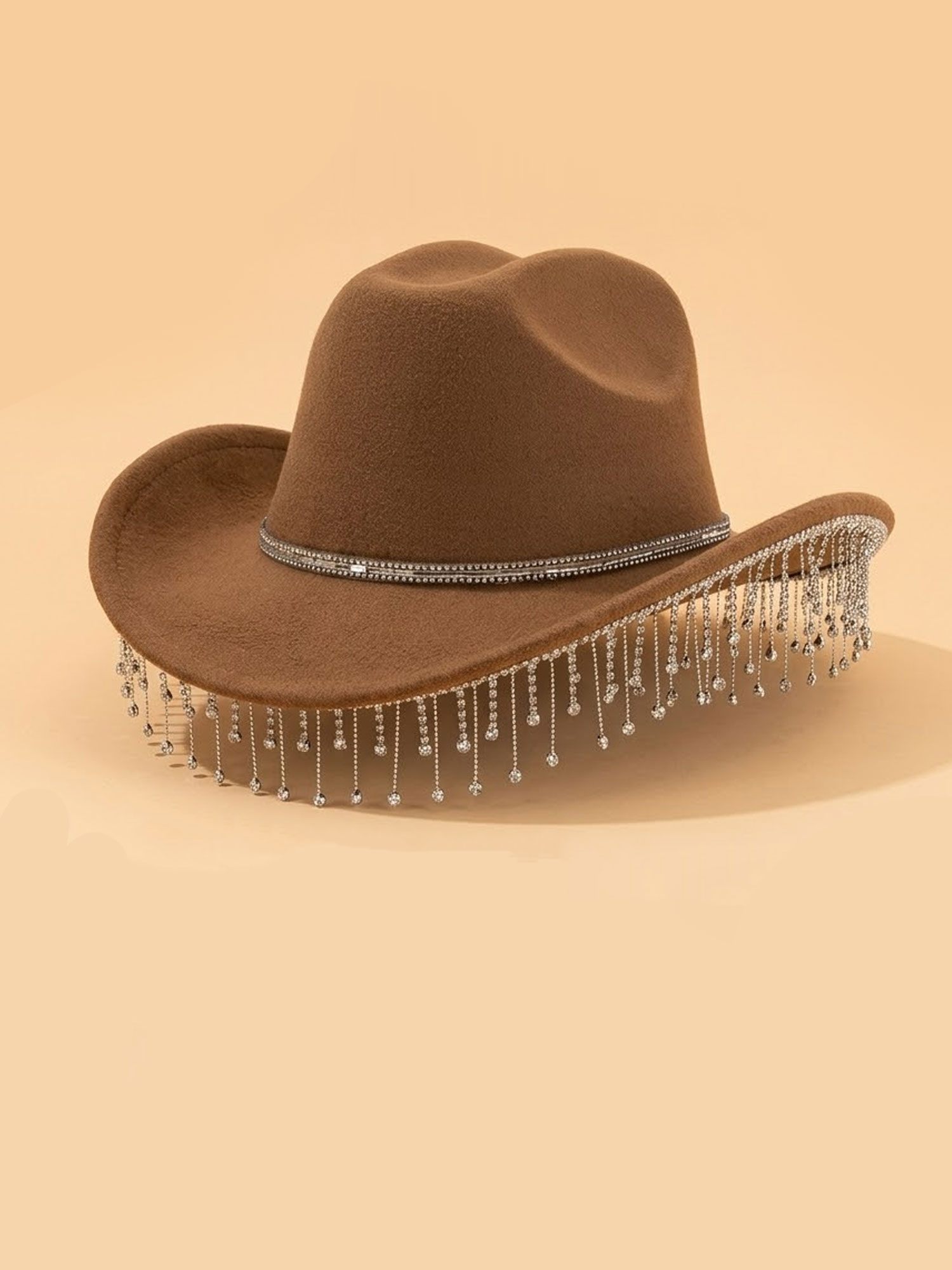 Desert Wanderer Look &mdash; Brown Sparkling Diamond Design, Retro Luxe Style, Boho Chic Fringed Wide Brim Hat