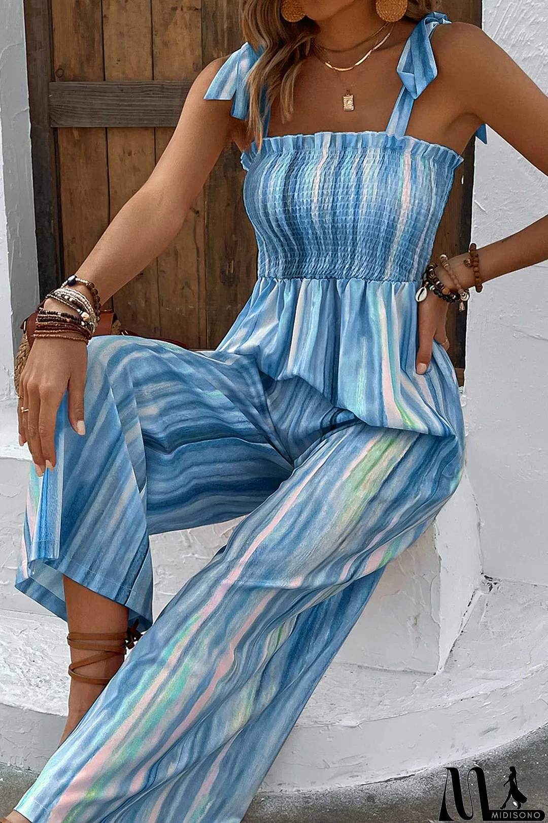 MidiSono - Gradient Striped Smocked Tie-Straps jumpsuits