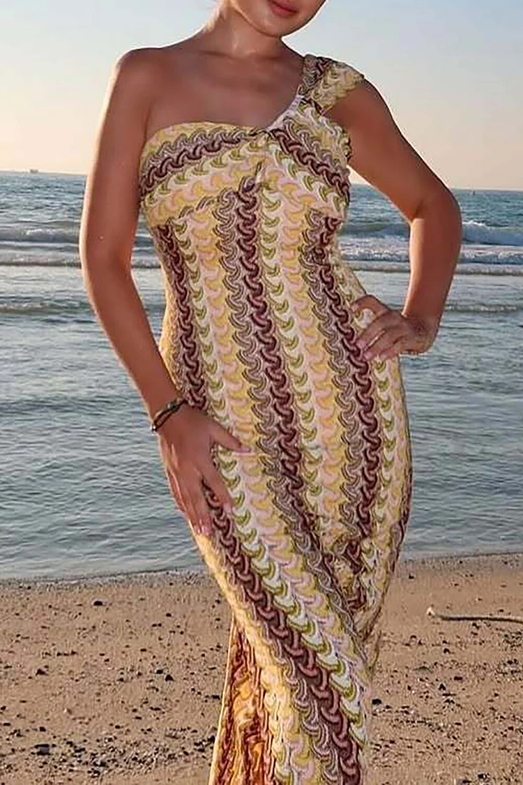 Abstract Striped Knit One Shoulder Bodycon Vacation Maxi Dresses-Yellow