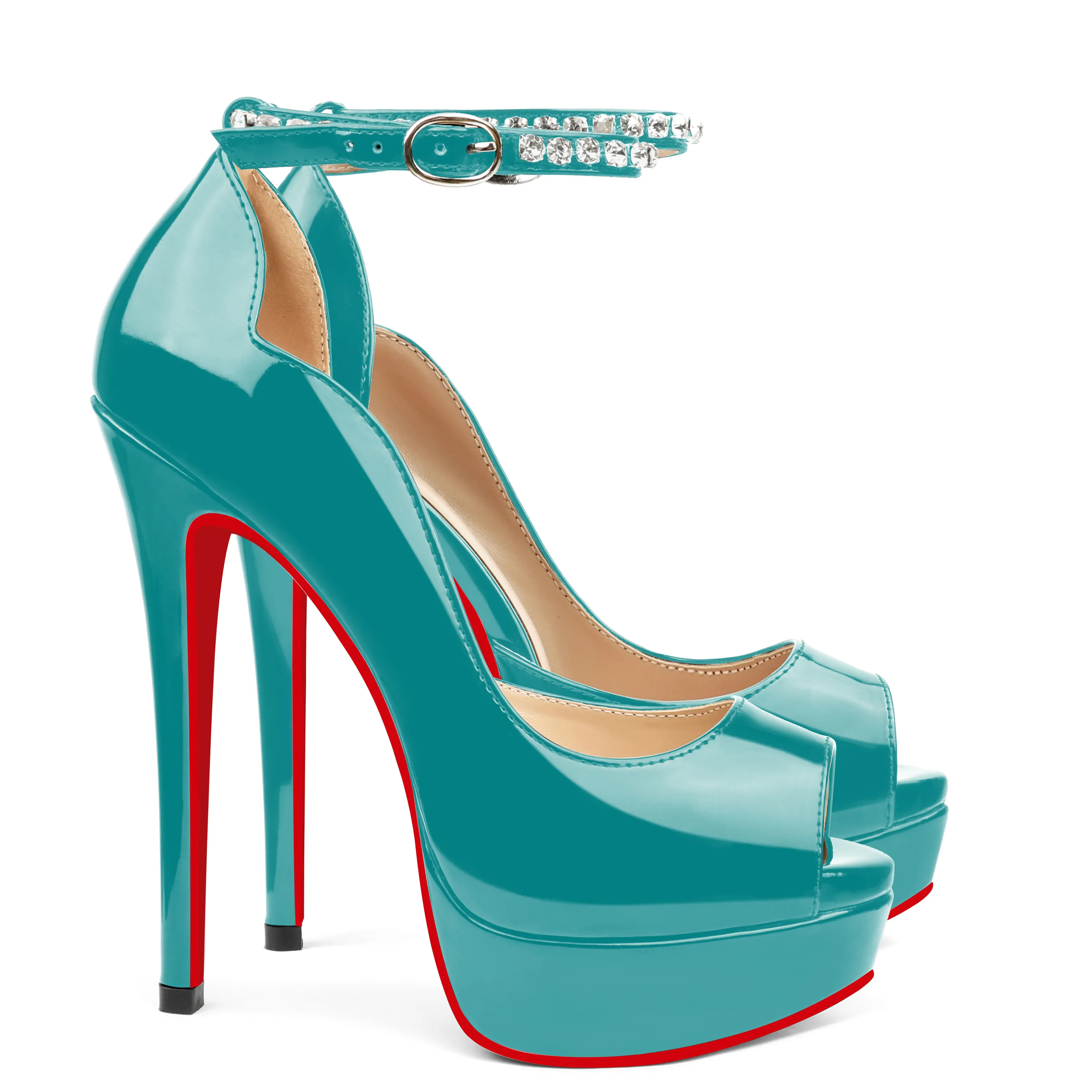 150mm Red Bottom Stiletto Party High Heel Open Toe Platform Diamond Strap Pumps-vocosishoes