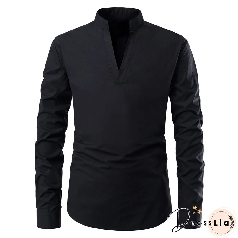 Casual Men Stand Collar Long Sleeve Shirt