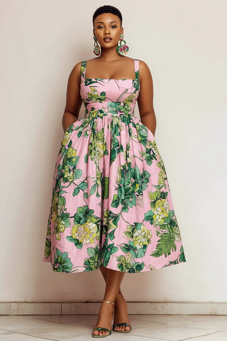 Xpluswear Design Plus Size Vacation Sundress Pink Floral Square Neck Pocket Satin Midi Dresses [Pre-Order] 2024 - Xpluswear