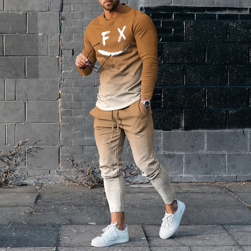 Men's Smiley Face Pattern Gradient Color Long Sleeve T-Shirt And Pants  Co-Ord