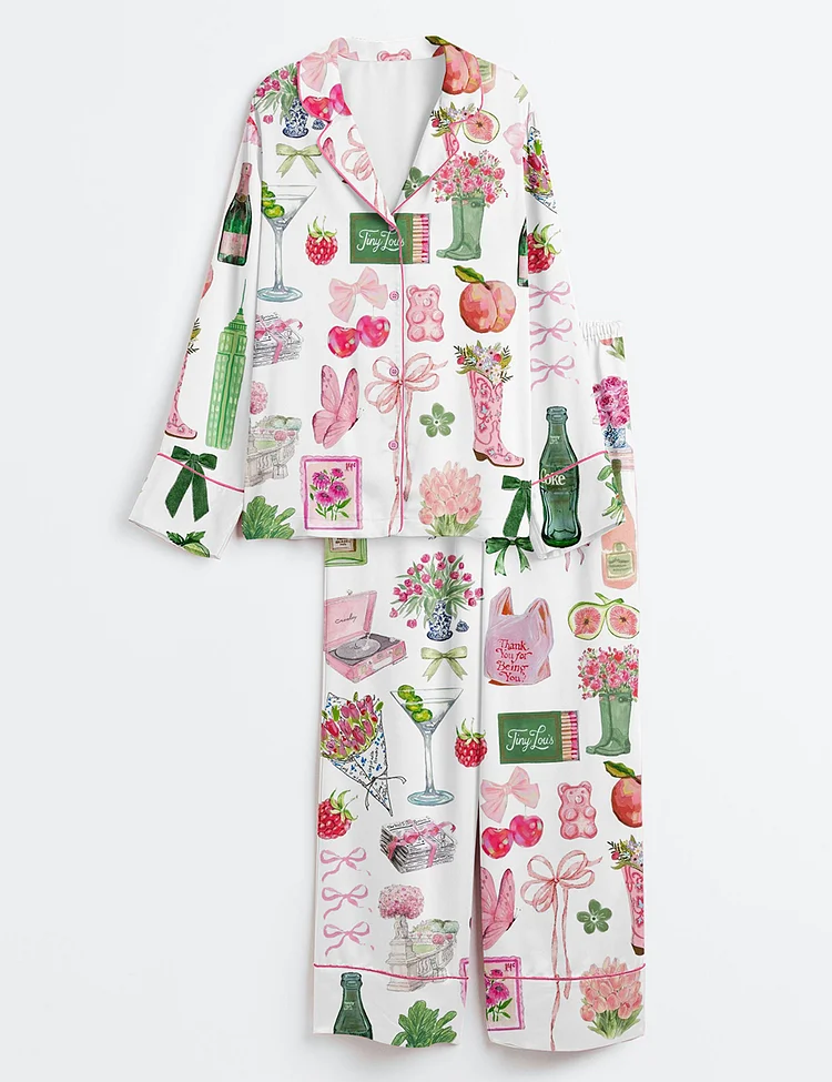 Women&rsquo;s Wedding Icons Champagne Wedding Pink Travel Espresso Martini Aperol Spritz Trio Cowboy Boots Long Sleeve Satin Pajama Set