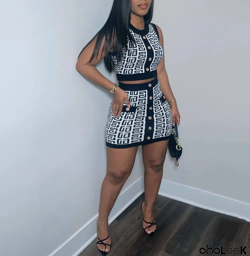 Casual Print Rib Splicing Sleeveless Two Piece Skirts Set
