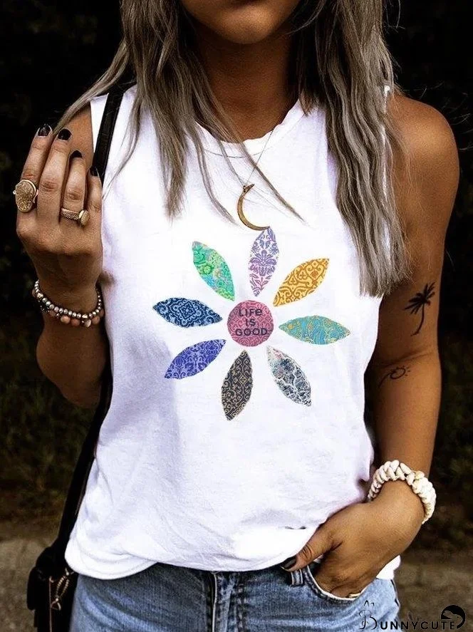 Loose Round Neck Print Sleeveless Tank Tops