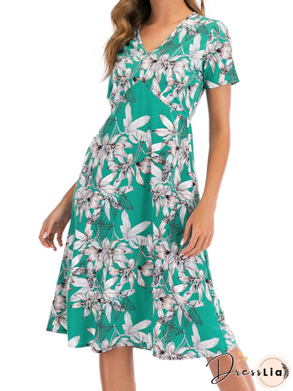 Floral Print V-Neck Half Elastic Waist Dress