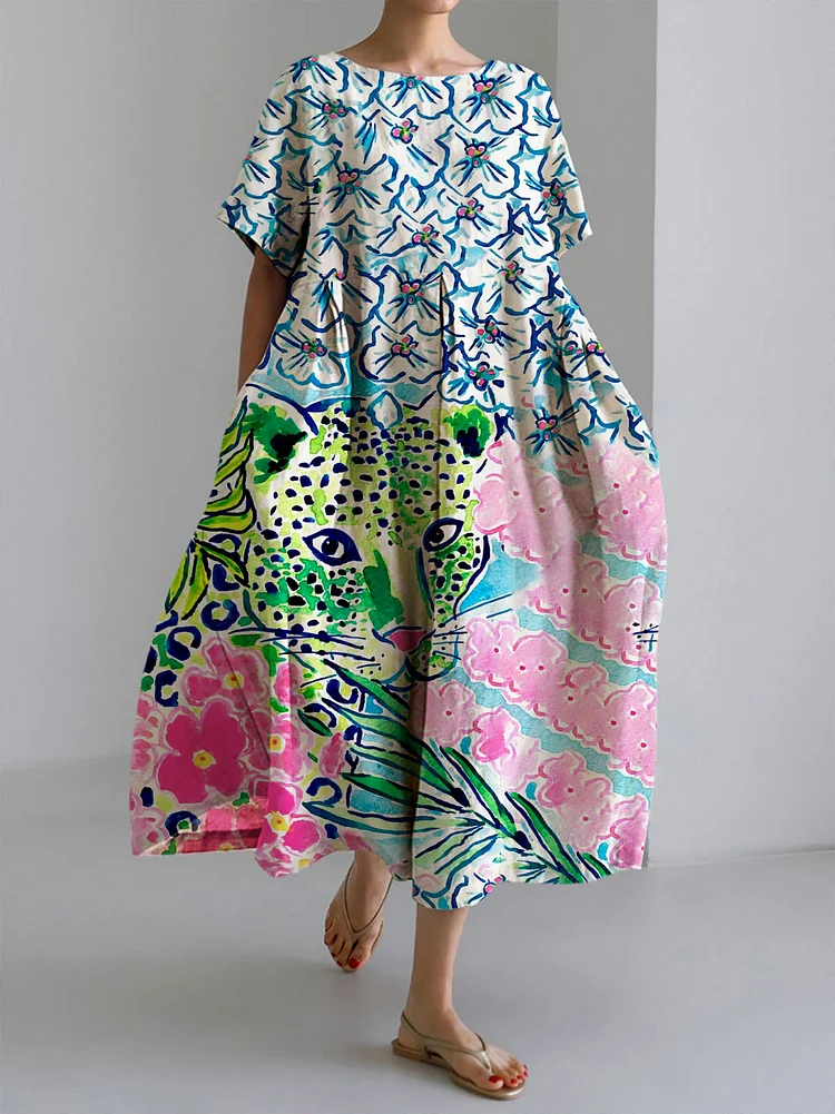 Women's Jungle Cheetah Print Large Size Loose Strap Print Dress Long Skirt socialshop