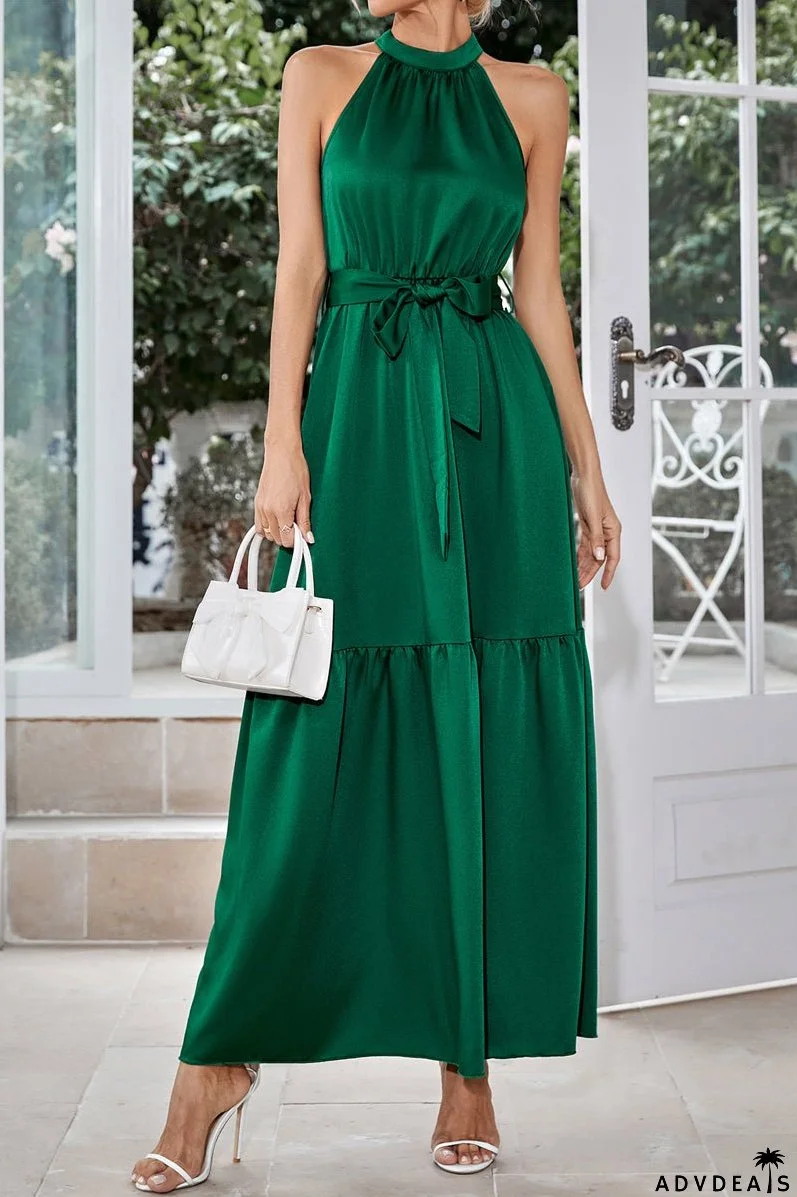 Elegant Solid Halter Neck Lace-up Maxi Dress