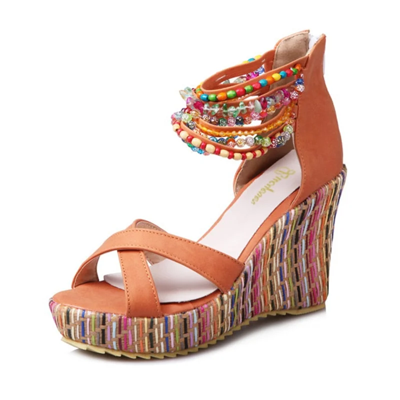 Lucyever 2019 Summer Women Colorful Beads High Heels Sandals National Style Wedges Platform Bohemia Shoes Woman Plus Size 34-43