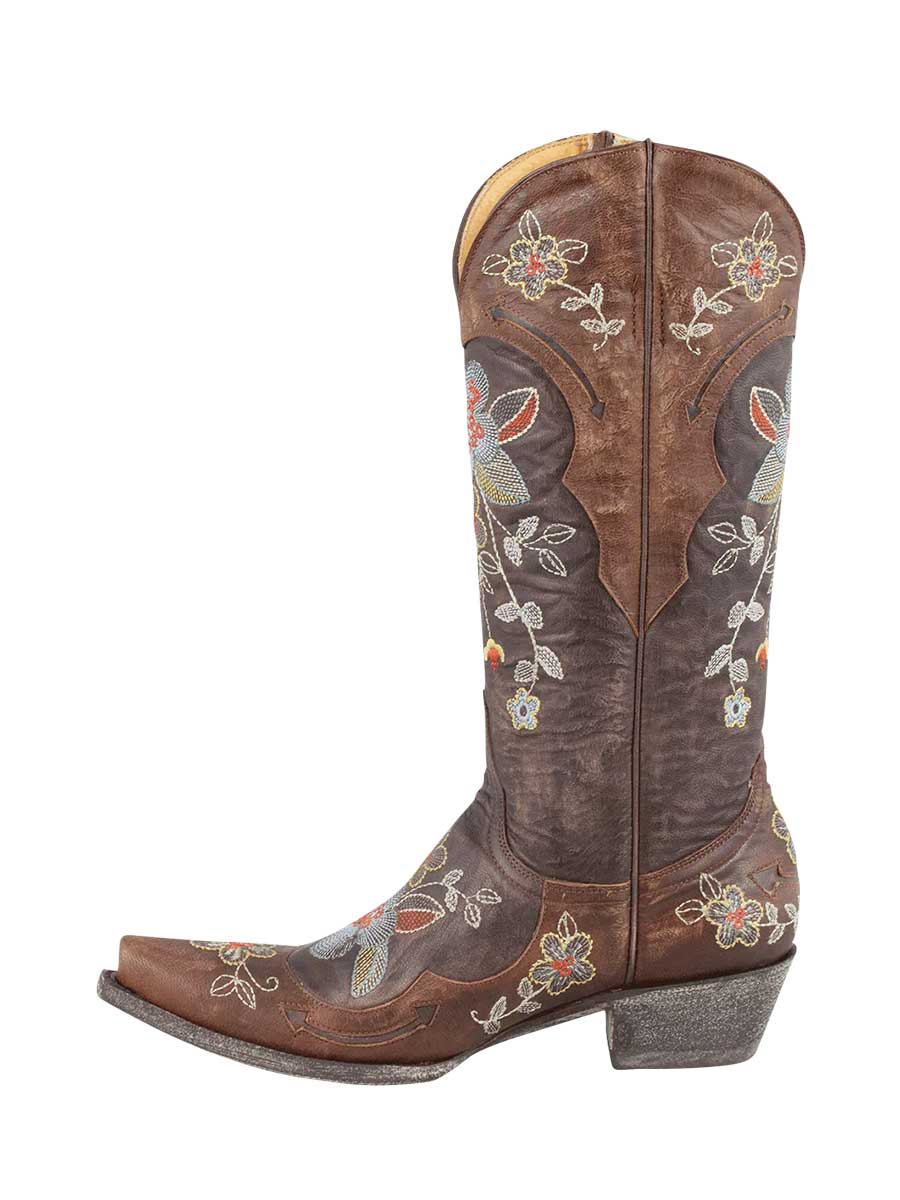 Brown Snip Toe Flower Embroidered Chunky Heel Mid-Calf Cowgirl Boots