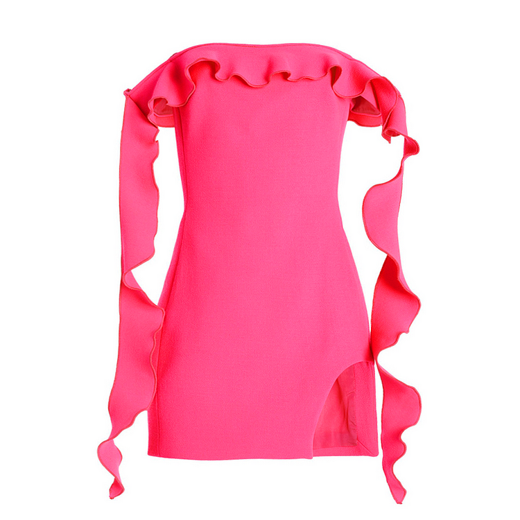 Flaxmaker Off Shoulder Ruffle Bandeau Bandage Hot Pink Dress