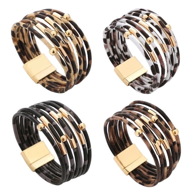 Europe And America  Fashion Geometric Leopard Bracelet Women's Magnetic Buckle Copper Beaded Multi-Layer Wrap Bracelet Jewelry