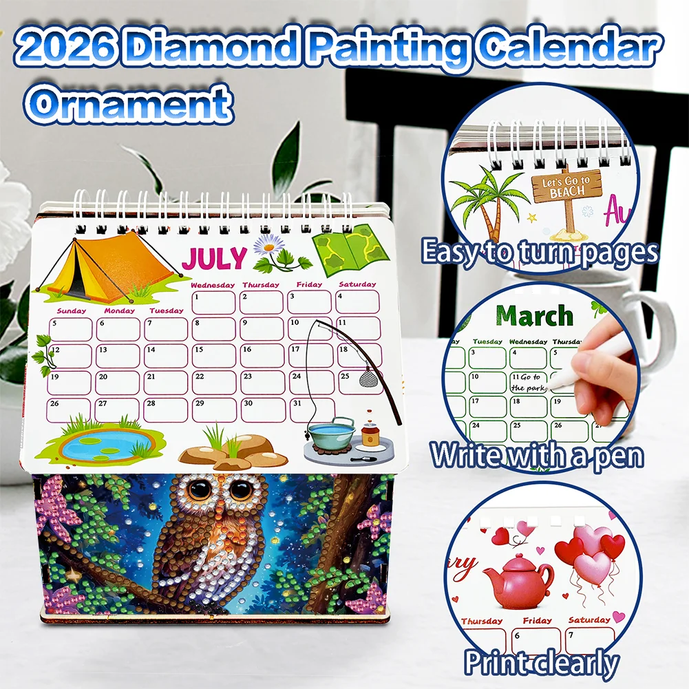 Calendrier De Table 2026 Diamond Art - Calendrier Mensuel à Paillettes, Support Inclus, Déco Bureau Relaxante