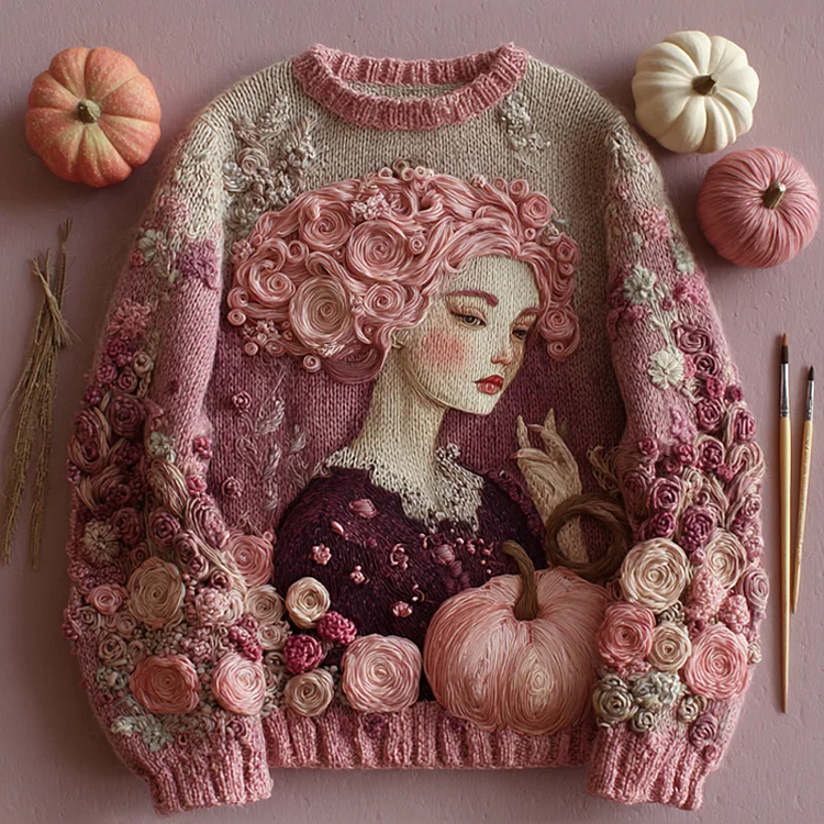 Women's Vintage Halloween Pink Art Knit Sweater