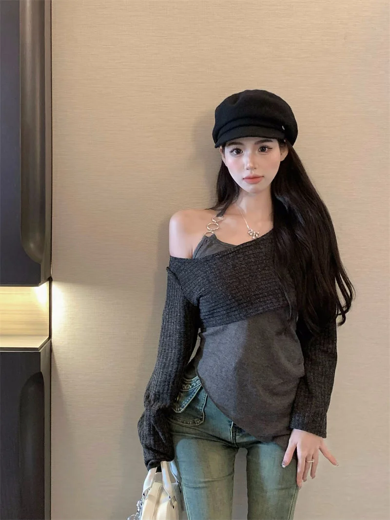 Uveng Uveng Body Sling Vest Folded Jersey Women's Autumn New Long-Sleeved Knitted Top Two Sets