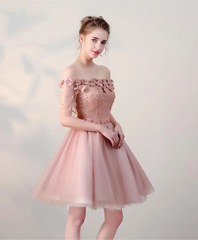 Pink Lace Off Shoulder Short Prom Dress, Pink Homecoming Dress