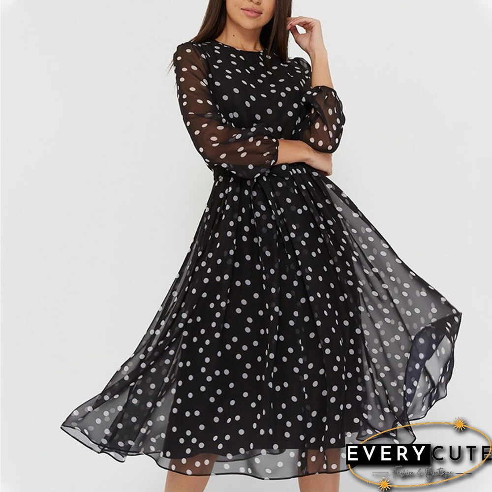 New Fashion Casual Polka Dot Print Chiffon Dress Womens High Waist lantern sleeve a-line