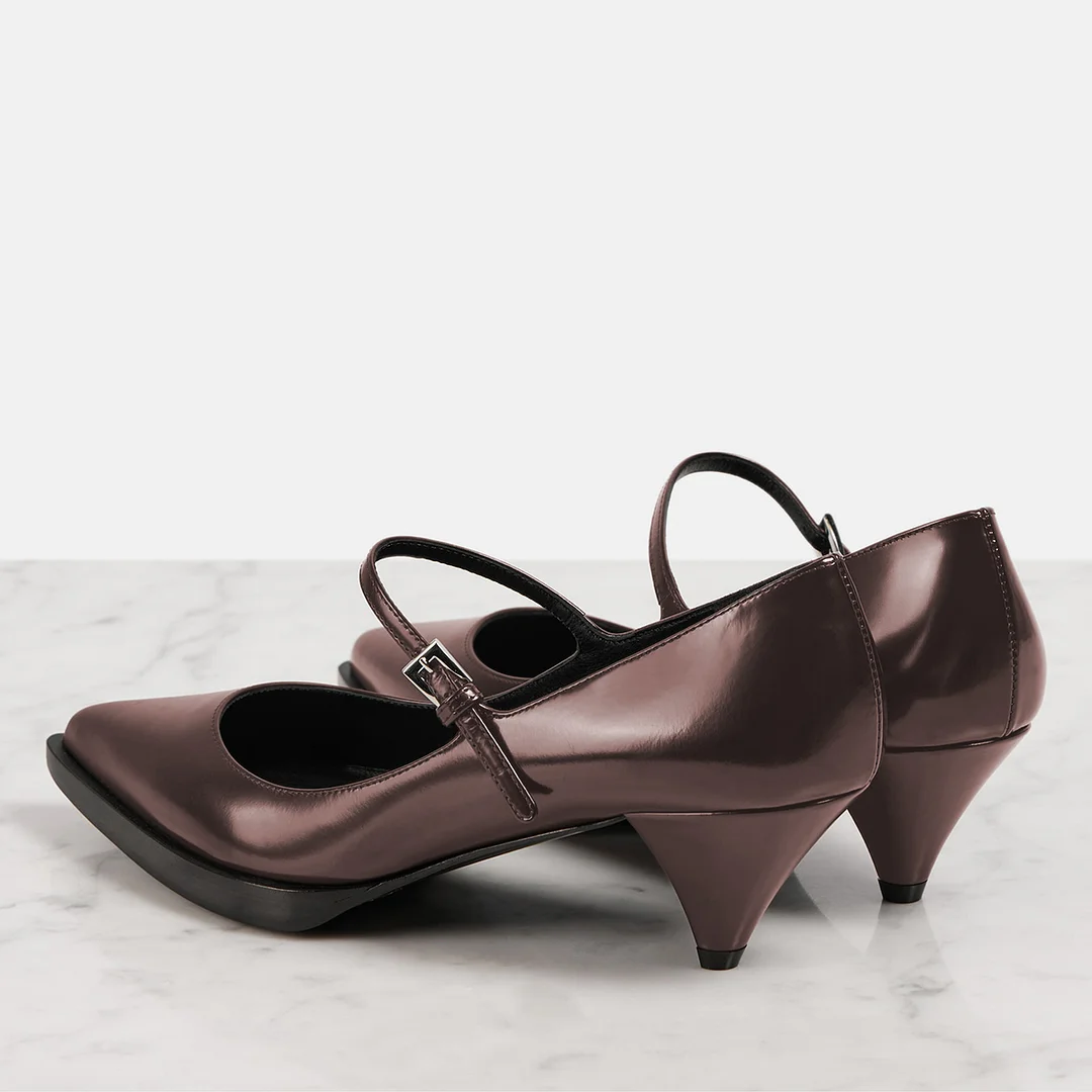 Shiny Vegan Leather Buckle Fastening Strap Pencil Heel Pumps in Brown