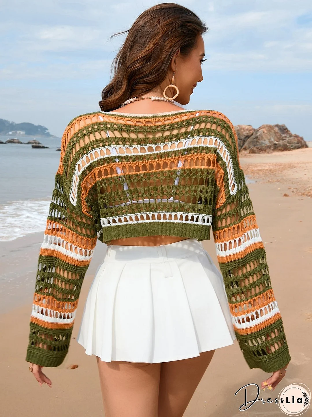 Openwork Boat Neck Dropped Shoulder Cover-Up