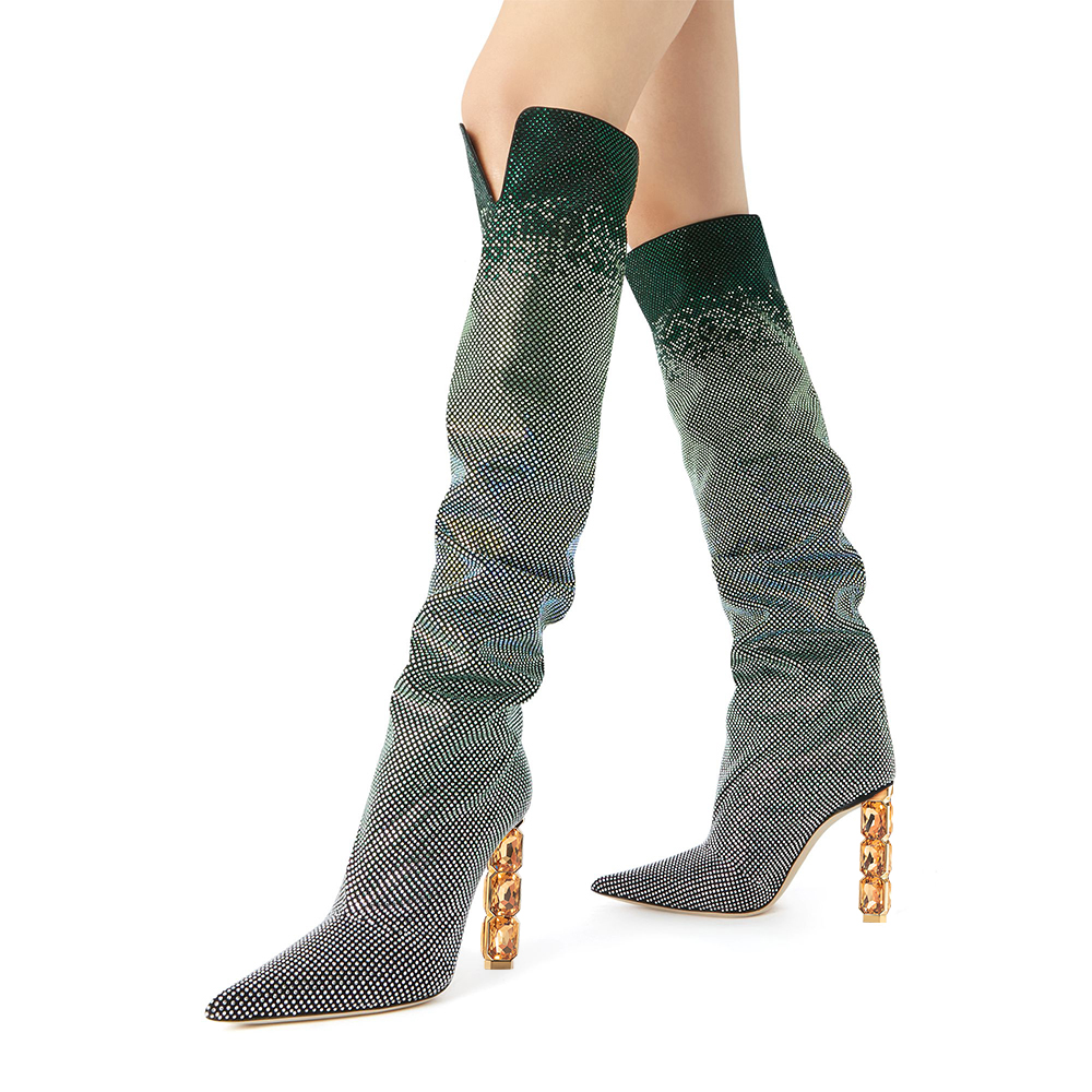 Women's Green Pointed Toe Decorative Heel Gradient Rhinestone Boots Nicepairs