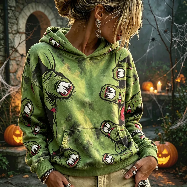 Women's Halloween Distressed Tie-dye Zombie Hand Pattern Loose Casual Hooded Top