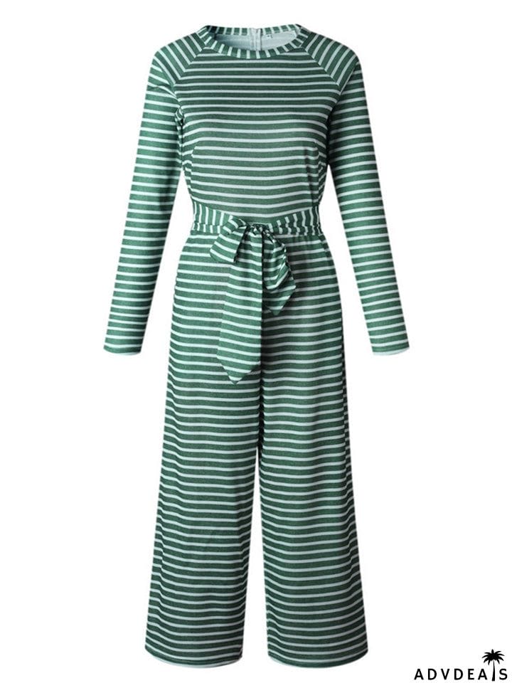 Women's Boho Striped Long Sleeve Round Neck Lace Up Rompers