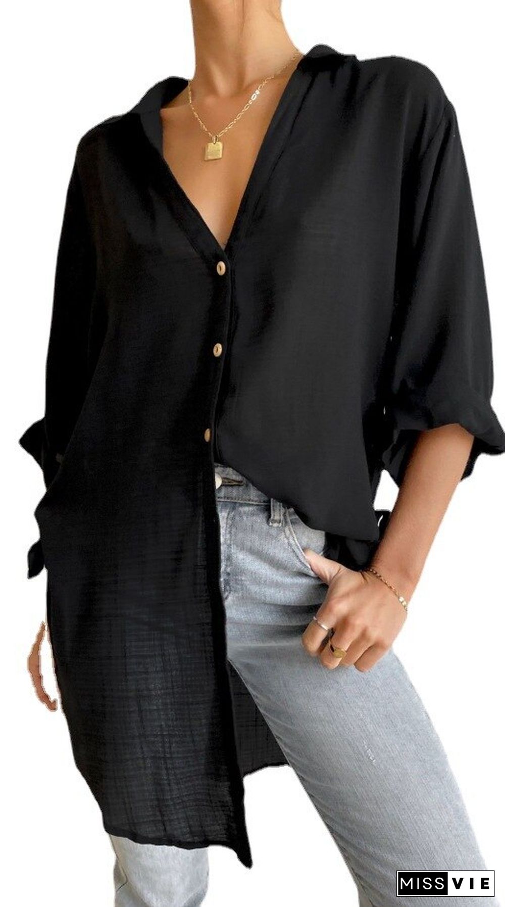 Fashion New Women's Polo Shirt Side Tie Seven-point Trumpet Sleeve Casual Solid Color Cotton And Linen Long Shirt