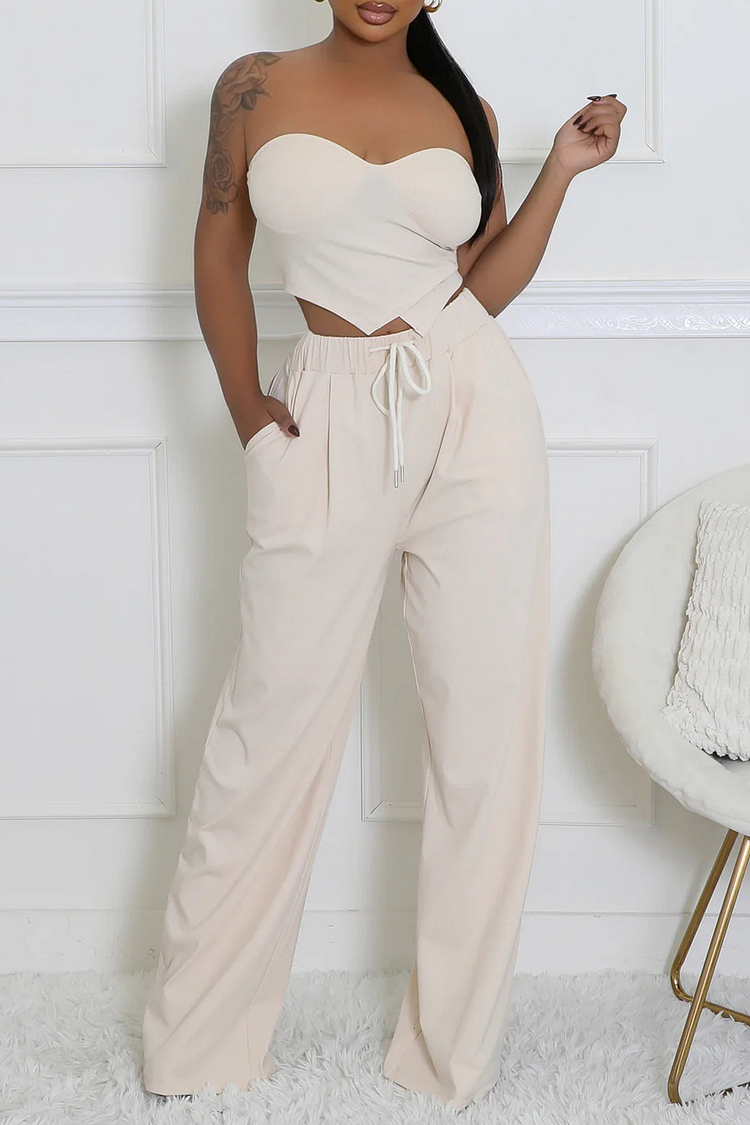 Sweetheart Neckline Strapless Crop Top Tie Up Straight Leg Pants 2pcs Set-Beige