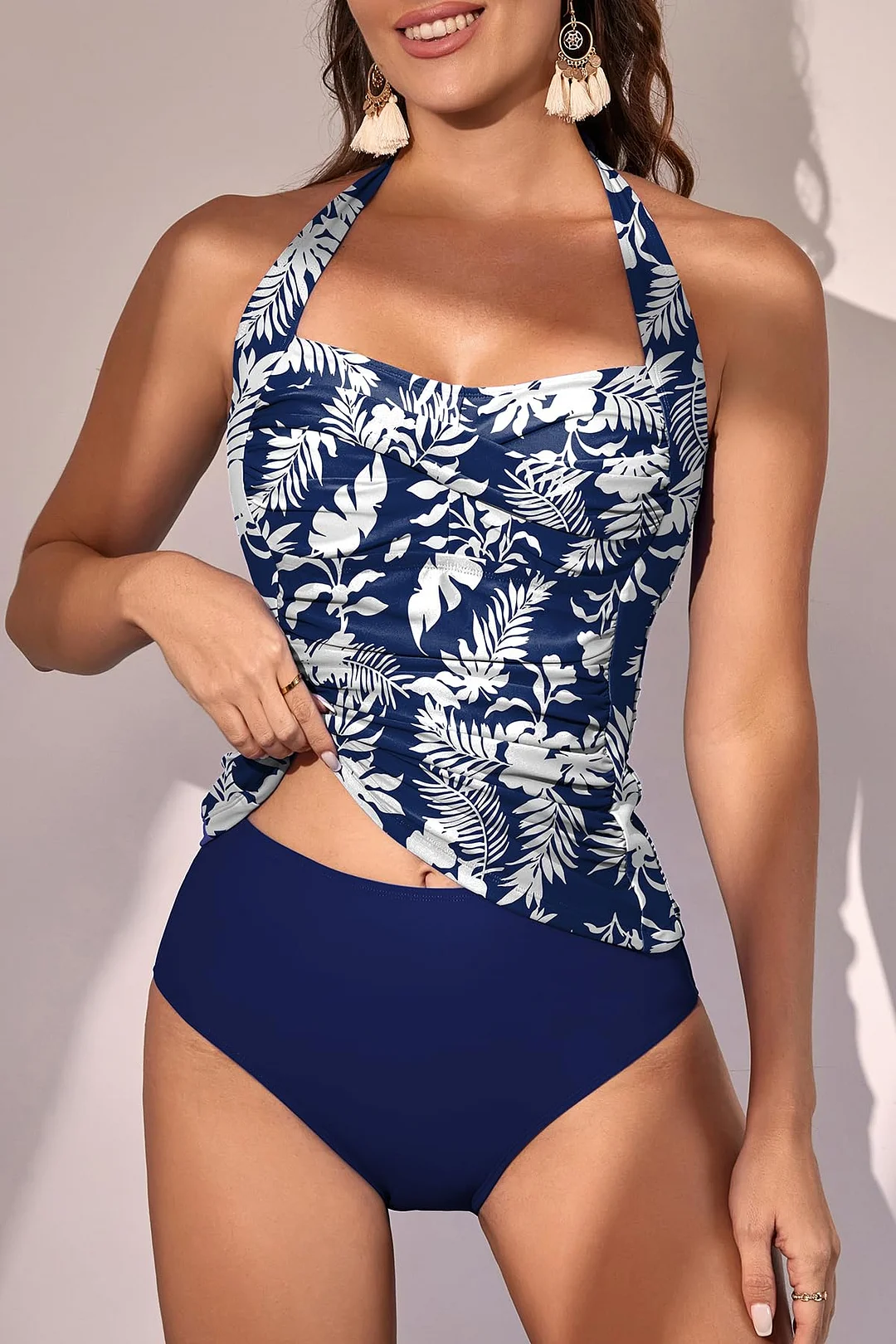 Womens Halter Ruched Tummy Control Two Piece Tankini 
