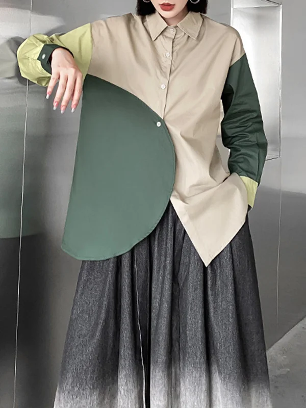 Contrast Color Buttoned Asymmetric Loose Long Sleeves Lapel Blouses&Shirts Tops