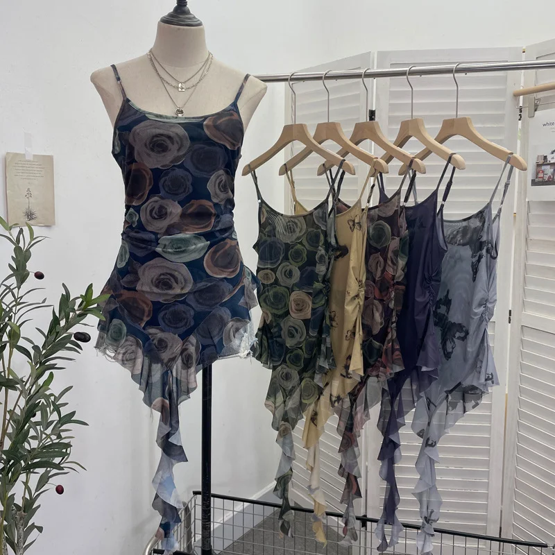 Uveng 辣bab Net Yarn Print Small Sling Vest Tidly Tidly Ribbon Ribbon Leaves Edge Sleeveless Top 9970