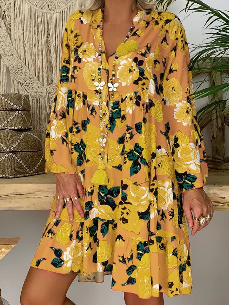 Women's V-Neck Casual Printed Loose Long Sleeve Dress-Yellow-Mayoulove