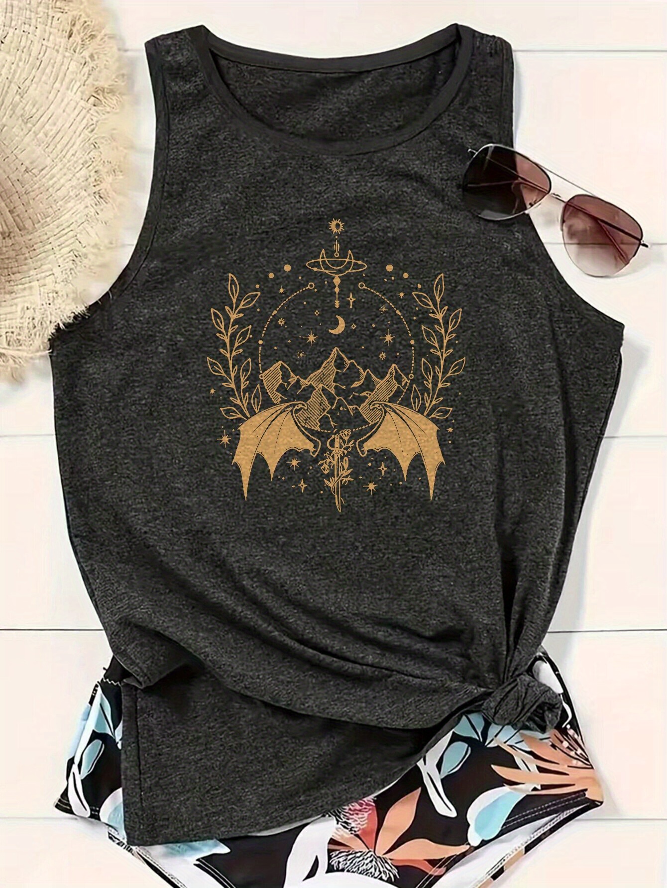Women's Sleeveless Tank Top With Crescent Moon & Dragon Silhouette Print - Dark Gray Casual Loose-Fit Breathable Summer Top For Outdoor Activities, Lightweight Round Neck Sports Shirt, Breathable Sports Shirt | Round Neck Tank | Machine Washable Clothing | IFYHOME