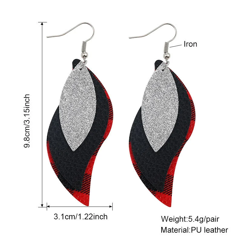 Plaid Sequined Leaf Multi-Layered Leather Earrings
