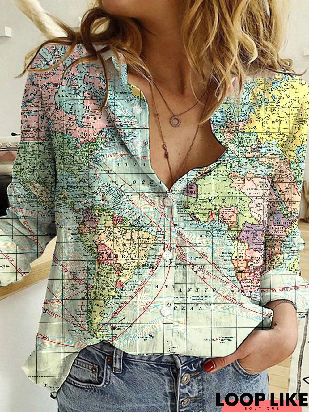 Women Casual Map Printed Collar Long Sleeve Blouse