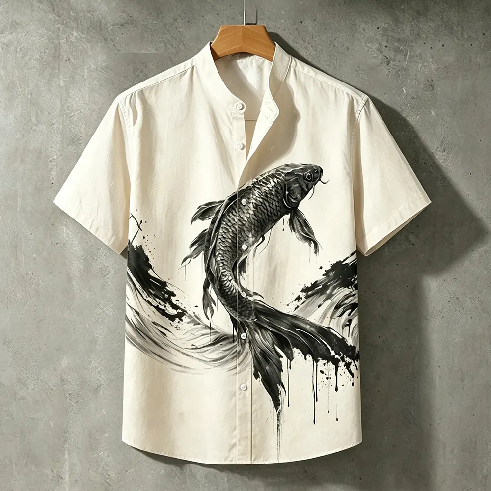 Men's Short-sleeve Mandarin Collar Shirt With Black Ink Splash Giant Koi Fish Art Print  artssus