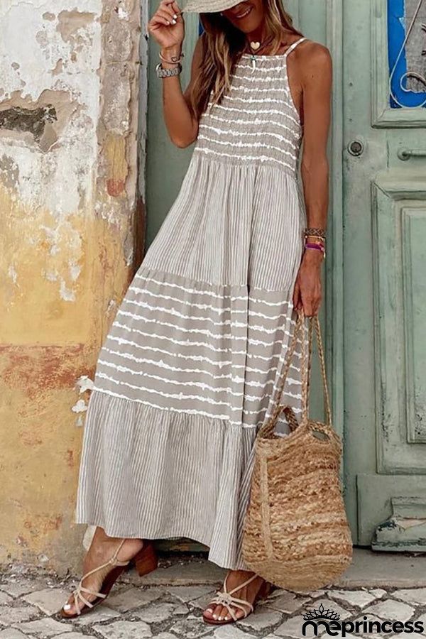 Stripe Patchwork Halter Neck Maxi Dress